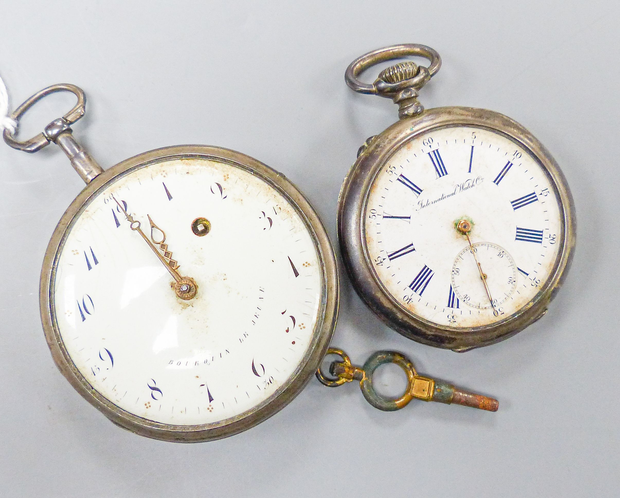 A late 18th century French silver keywind pocket watch by Borguin le Jeune, chain driven and with white enamel dial (lacking glass), case diameter 6cm. and an IWC 800 standard pocket watch.